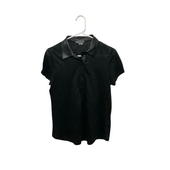Vince Faux Leather Trim Linen Black Top Size Small Short Sleeve $245 Lightweight - Picture 2 of 6